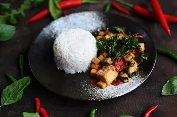 Phad Kaprao Tofu -Stir-Fried Chilli and Basil served with Rice