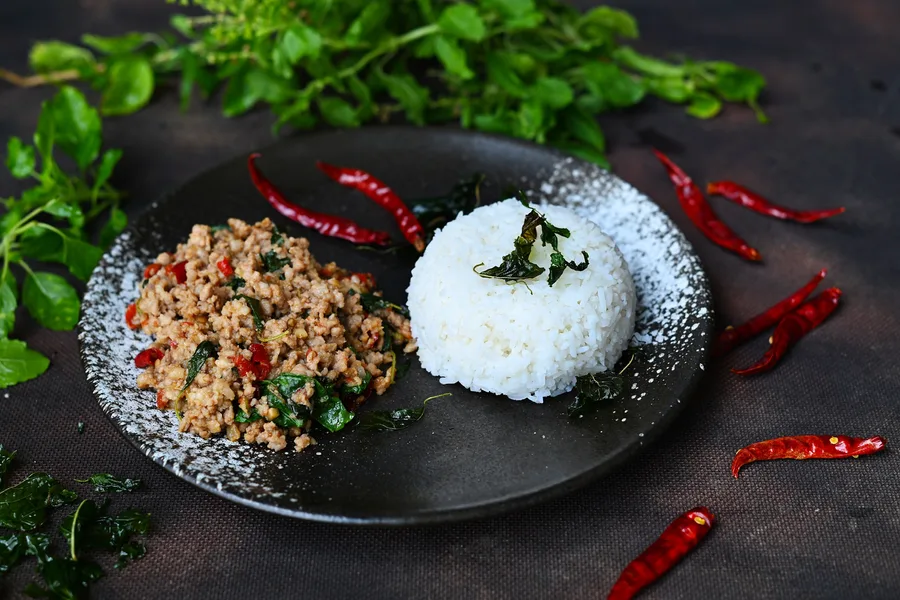 Phad Kaprao Chicken · Stir-Fried Chicken with Chilli and Thai Basil, Served with Rice