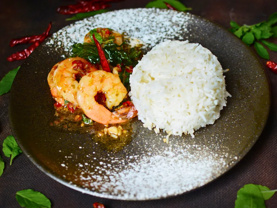 Phad Kaprao Shrimp - Stir-Fried Chilli and Basil served with Rice