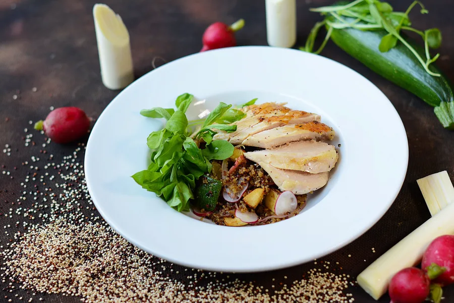 Slow Poached Chicken with Sautéed Palm Heart, Mushroom and Quinoa